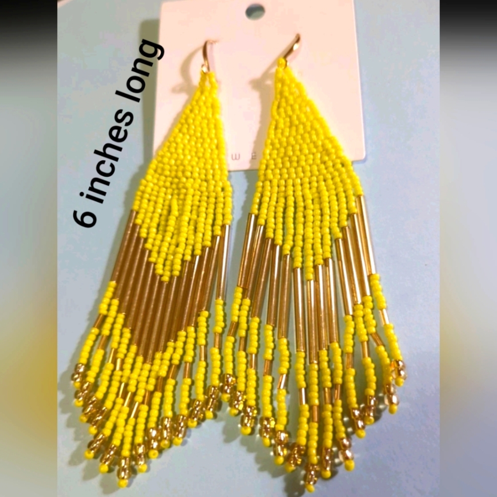 Native Tribal HANDMADE Earrings Long Boho American Seed Beads 6 Inches Yellow
